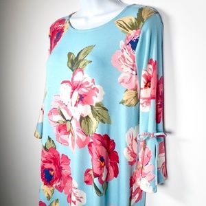 Impressions Blue Pink Floral Womens L Swing Tunic Dress Open Back